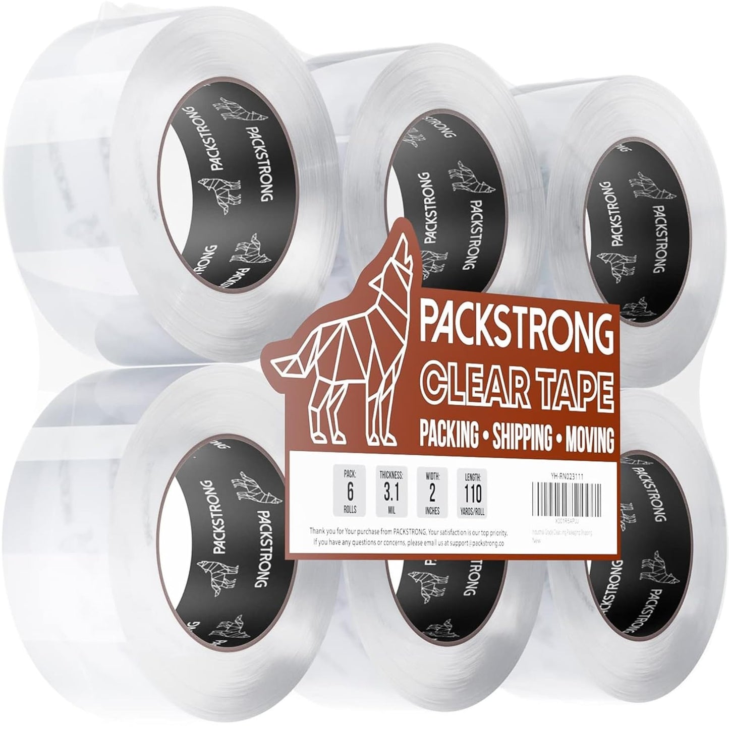 Packstrong Industrial Grade Clear Packing Tape 6 Rolls - Extra Strong - 110 Yards per Roll - 2" Wide x 3.1 mil Thick, Acrylic Adhesive Heavy Duty Tape for Box Office Moving Packaging Shipping
