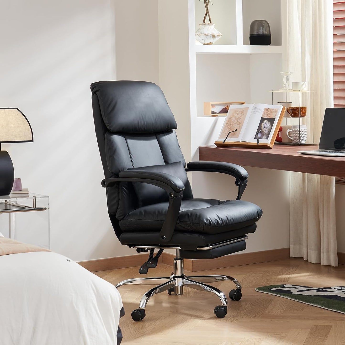 EMIAH Office Chair with Foot Rest, Ergonomic Executive Office Chair with Arms, Reclining High Back PU Leather Comfy Swivel Computer Desk Chairs with Wheels and Lumbar Support for Home Office, Black