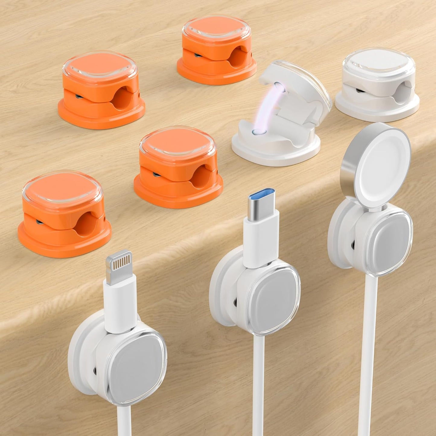 Magnetic Cable Clips, Adjustable Cord Holder Management, Adhesive Wire Keeper Organizer for Home Office Desk Phone PC Car Wall Desktop Nightstand Appliance (9-PCS White & Orange)