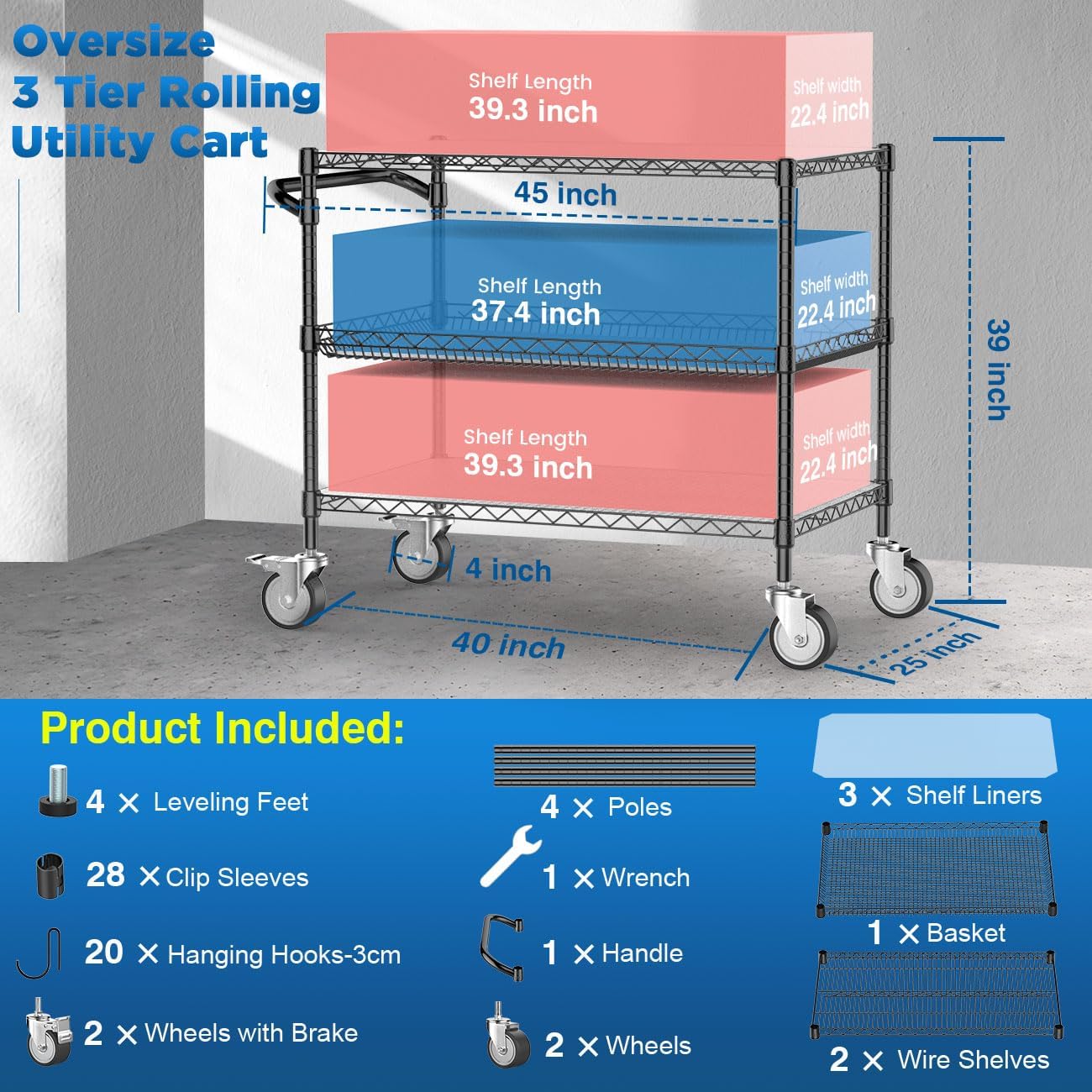 Leteuke 1120LBS Heavy Duty Rolling Utility Cart,3 Tier Rolling Carts with Wheels,NSF Commercial Grade with Handle Bar & Shelf Liners,45"x25"x39" Storage Cart for Kitchen,Restaurant,Plant Display,Black