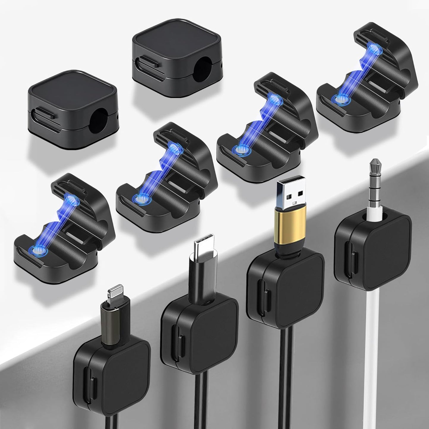 10 Pack Desk Cable Strong Adhesive Management Clips，Organize Phone Charging Magnetic Cable Wire Holder, Easy to Open, for Desk, Wall, Office, Car,Nightstand(Black)