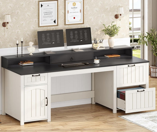 SEDETA Farmhouse 63" Executive Desk, Home Office Desk with File Drawer and Monitor Stand, Computer Desk with Drawers and Storage Cabinet, Wood Desk for Work Study Writing, White