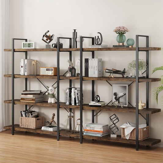 Bookshelf Set, Heavy Duty 4-Tier Industrial Bookcase, 47" Wide Wood Bookshelf for Home Office, 120lbs Shelf Capacity, Rustic Open Display with Horizontal Shelf for Living Room Bedroom