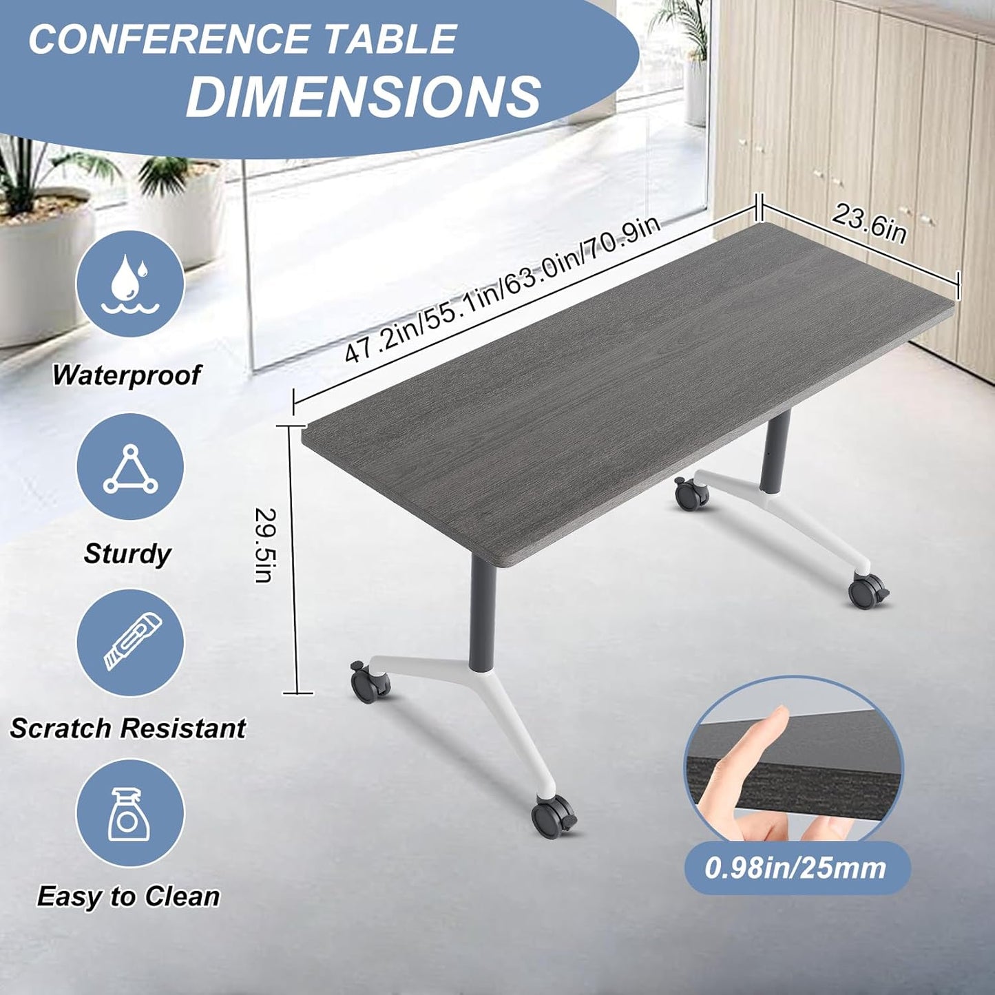 Folding Conference Table, Mobile Training Table for Office Conference, Modern Modular Rectangular Work Desk Meeting Seminar Work Tables with Caster Wheels, Large Breakroom Tables (6Pack L55.1in)