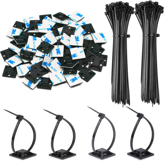30 Pack 2 inch Zip Tie Adhesive Mounts Self Adhesive Cable Tie Base Holders with Multi-Purpose Tie wire clips with screw hole,Anchor stick on wire holder with 8 inch zip ties（Black）