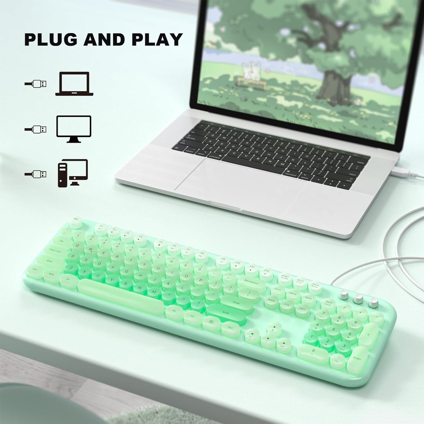 MOFII Backlit Keyboard Wired, Retro Typewriter Computer Keyboard with Numeric Keypad and Media, Cute Full Size USB Keyboard for Windows, Laptop, Desktop, PC (Green Colorful)
