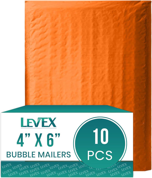 Levex - #0000 4" x 6" [10 Pack] Orange Poly Bubble Mailers, Padded Envelope Mailers, Packing Envelope & Mailing Bags for Shipping