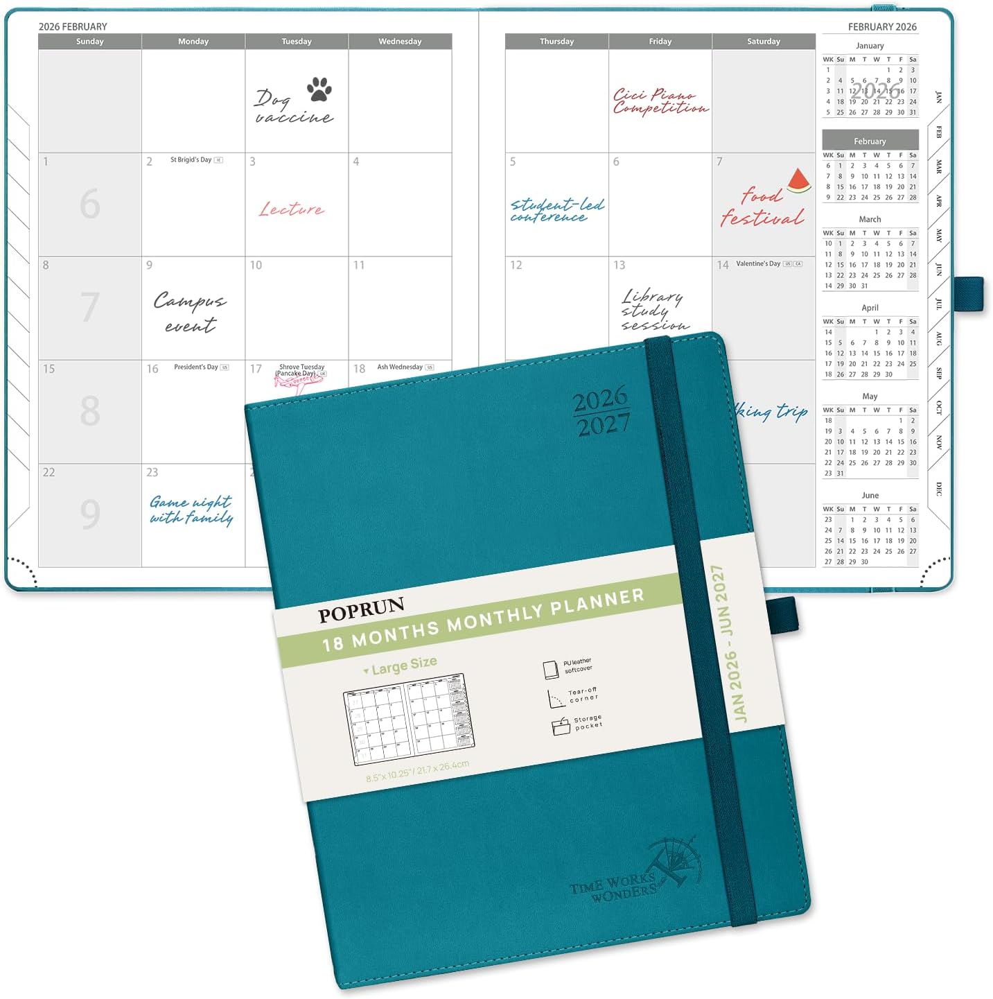 POPRUN Monthly Planner 2026-2027 (Large- 8.5" x 10.5" Soft Cover), 18-Month Calendar Book (Jan.2026 - Jun. 2027), Calendar Planner with Monthly Tabs & Pocket, 100 GSM Paper - Pacific Green