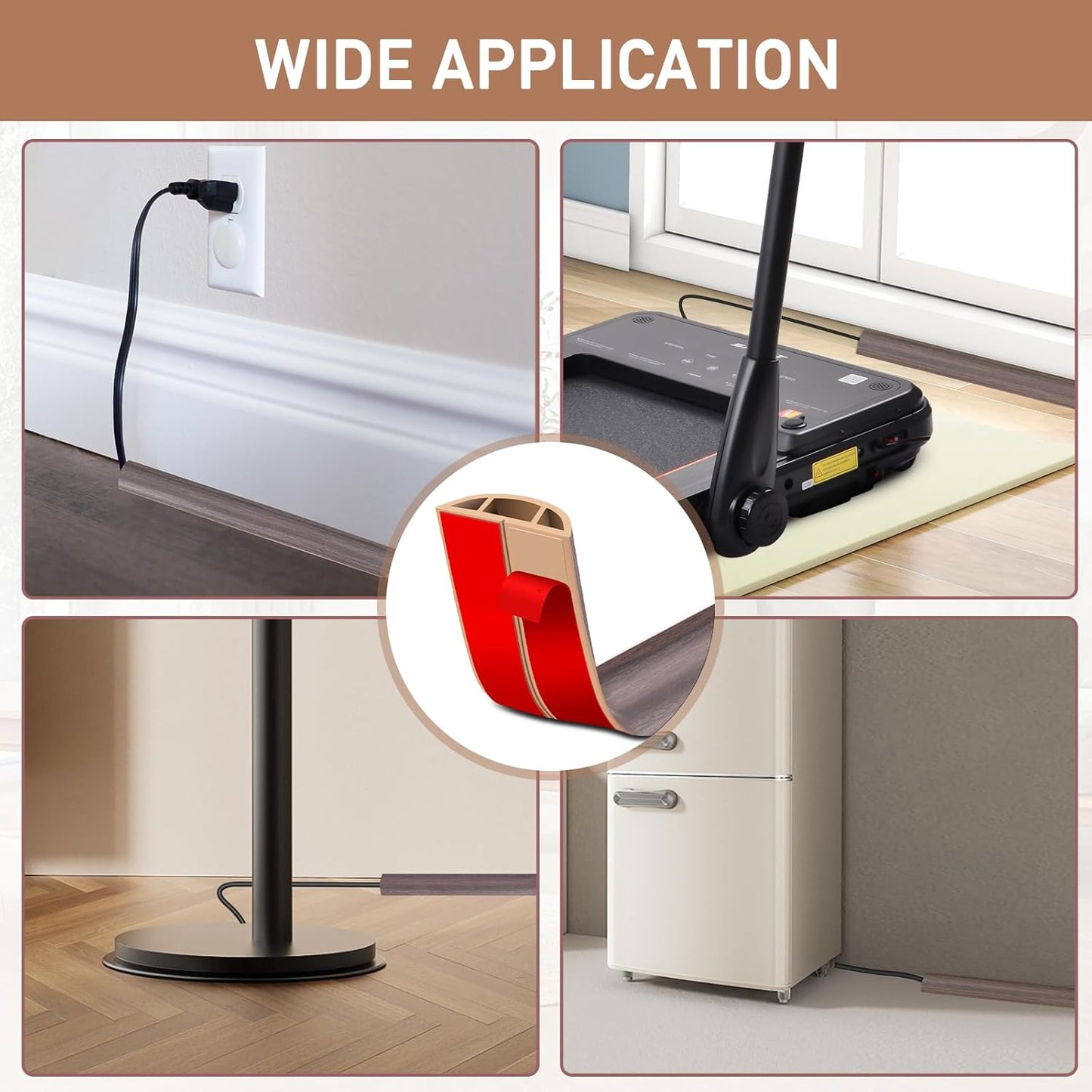 Floor Cord Cover Self Adhesive Cord Hider Floor Extension Cord Covers for Floor Power Cord Protector Cable Management Prevent Cable Trips Cable Cavity 0.47" W x 0.27" H (Brown Walnut Wood, 3.3Ft)