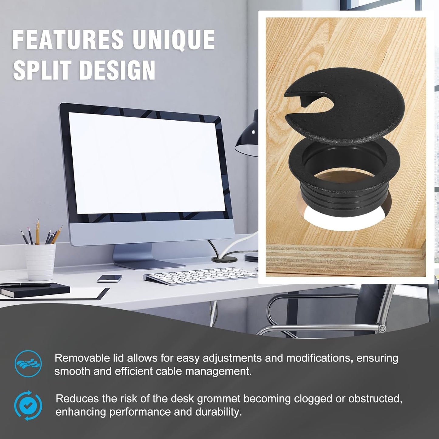 1-1/2" Black Desk Grommet with Bi-Metal Hole Saw, JTemgle Plastic Cable Hole Cover Computer Table Cord Wire Organizer Caps, Desktop Cord Management for Home Office TV Stands Tabletops, 7 Pieces