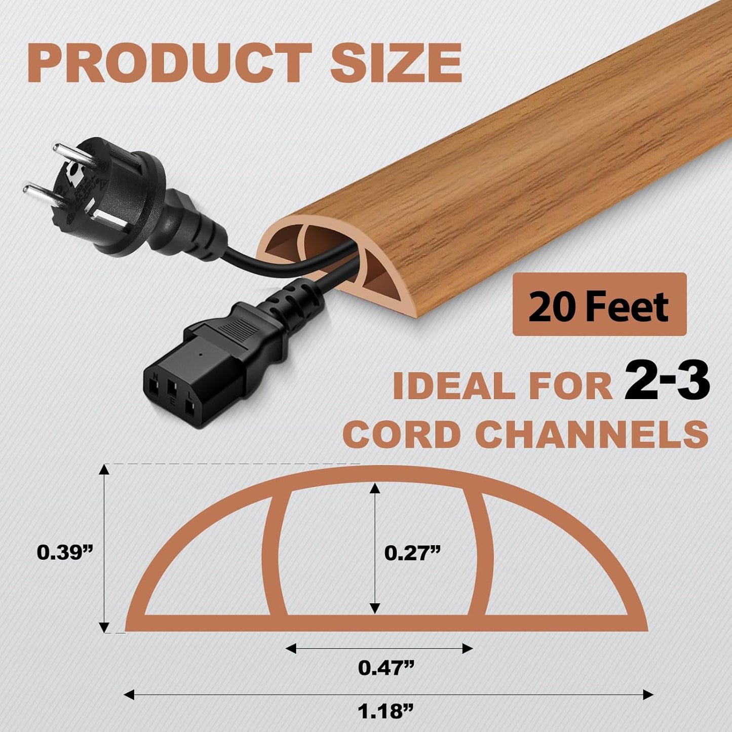 Floor Cord Cover for Wires on Floor Self Adhesive Cord Hider Floor Cable Management Wire Covers for Cords Protector Prevent Cable Trips Cord Cavity W 0.47" x H 0.27", Brown Wood, 20Ft