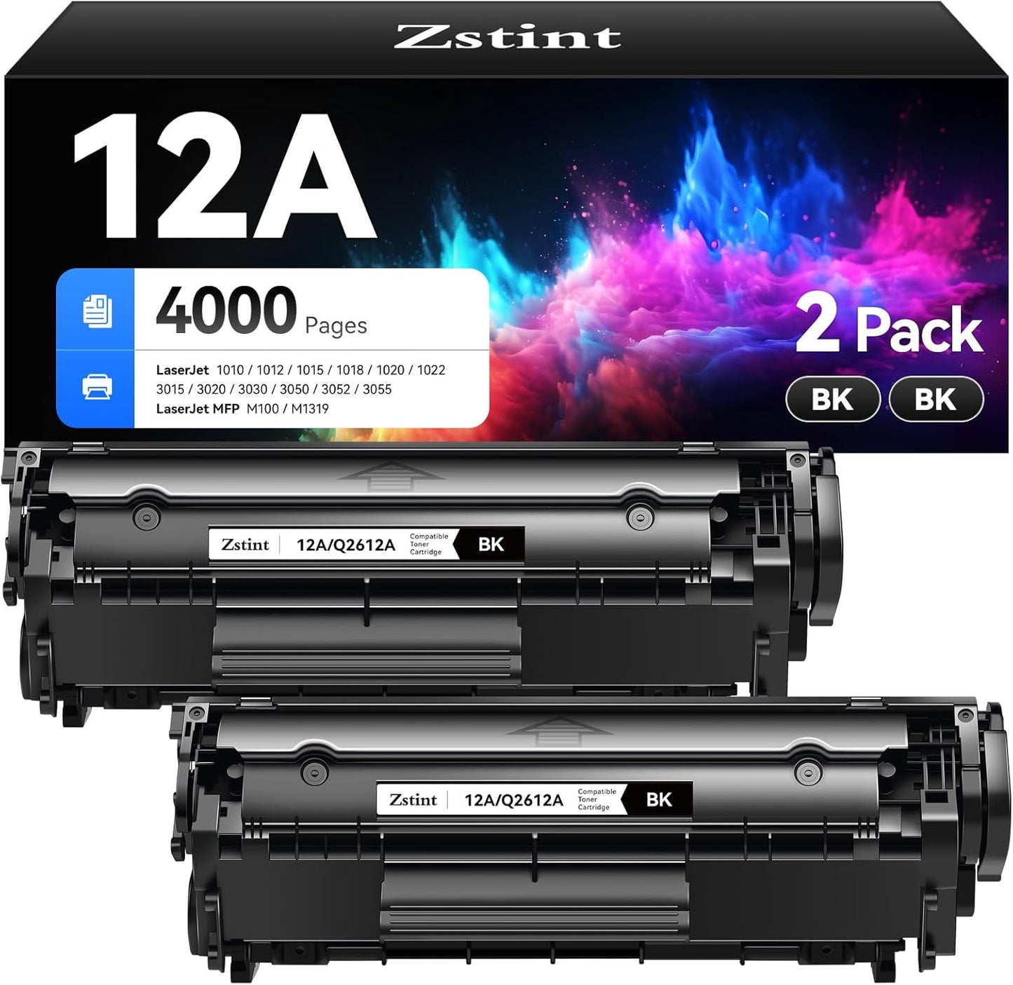 12A Black Toner Cartridge 2-Pack Replacement for HP 12A Q2612A Toner Compatible with HP LaserJet MFP M1005 M1319f 1010 1012 1015 1018 1020 Plus 1022 1022n 1022nw 3015 3020 3030 3050z 3052 3055 Printer