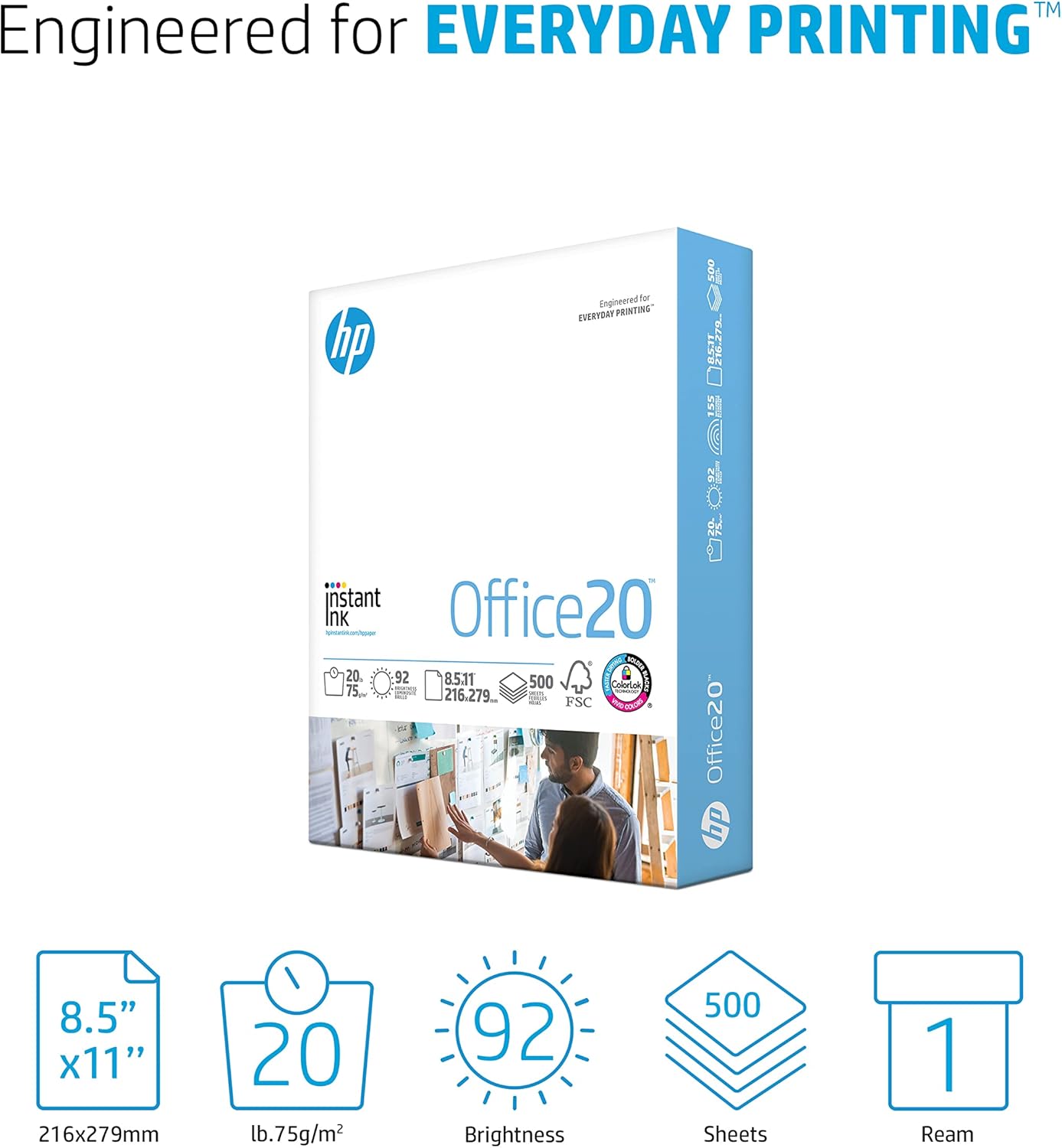 HP Papers | 8.5x11 Paper |Office 20 lb | 1 Ream - 500 Sheets | 92 Bright | Made in USA - FSC Certified | 112150R