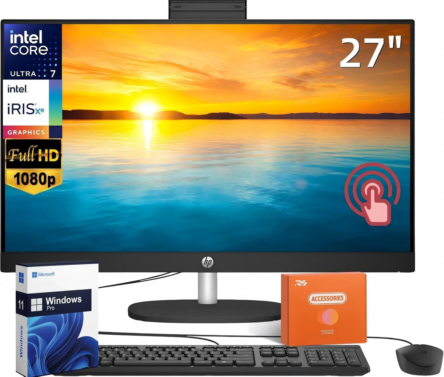 HP 27" FHD Touchscreen Business All-in-One Desktop Computer, Intel 12-Core Ultra 7 155U (Beats i7-1355U), 16 GB DDR5 RAM, 1 TB SSD, Intel Iris Xe Graphics, Wired KB & Mouse, Wi-Fi 6, Windows 11 Pro