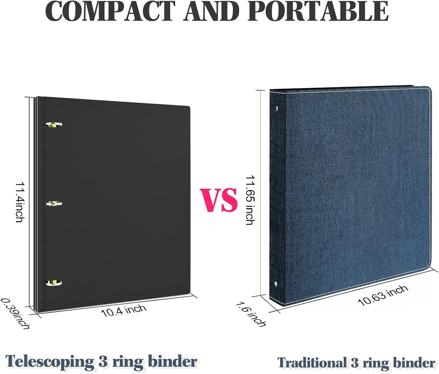 INFUN Telescoping 3 Ring Binder, Portable Plastic Binder with Telescoping Spine, 0.75 inch Rings， Foldable Front Cover Holds 8.5" x 11" Paper for School,Office and Homes-Black