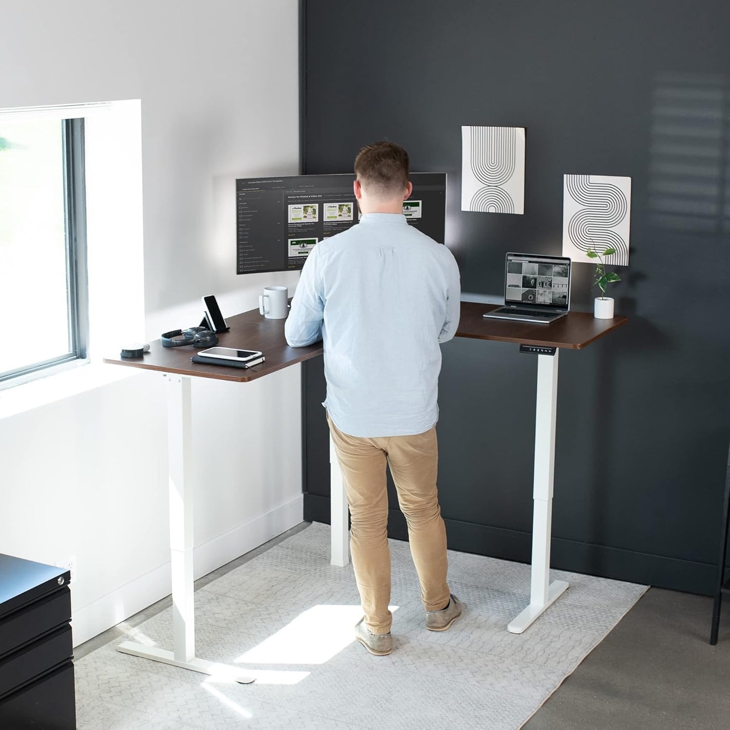 VIVO Electric Corner L-Shaped 63 x 55 in Standing Desk, Memory Height Adjustment, Dark Walnut Top White Frame, DESK-E3CTWD