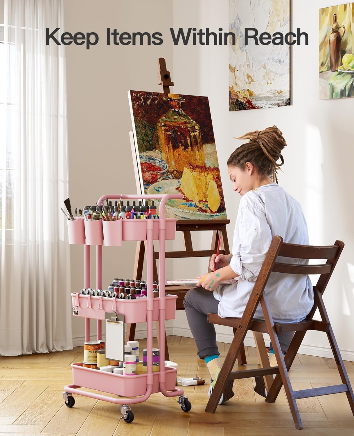 Pipishell 3-Tier Rolling Cart with Wheels, Rolling Storage Carts with 3 Hanging Cups & 4 Hooks, Mobile Utility Cart, Art Carts Organizer, Craft Cart for Office, Kitchen, Craft Room, Pink, PIUC06P