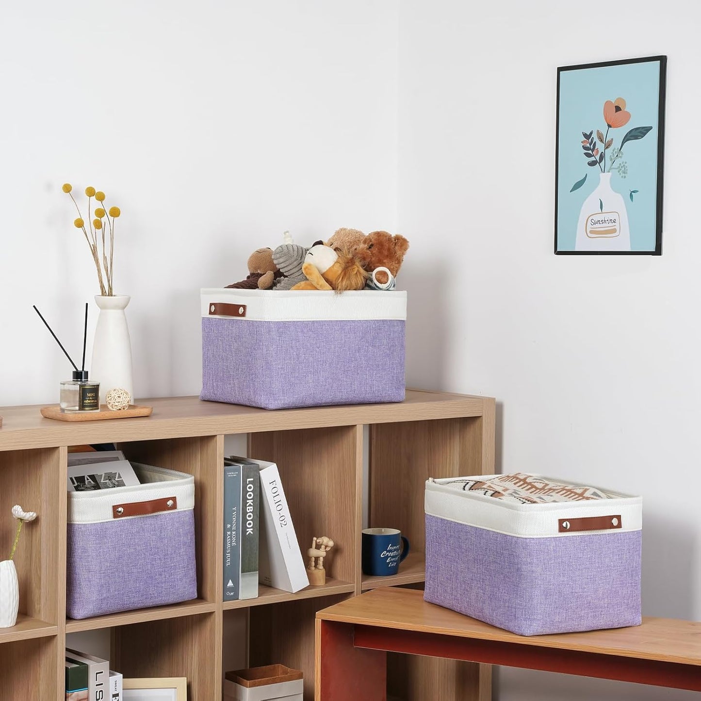 DULLEMELO Storage Baskets for Organizing, Shelves,Bedroom, Decorative Storage Bins with Leather Handles, Fabric Storage Basket for Office, Toys(3-Pack, White&Purple)