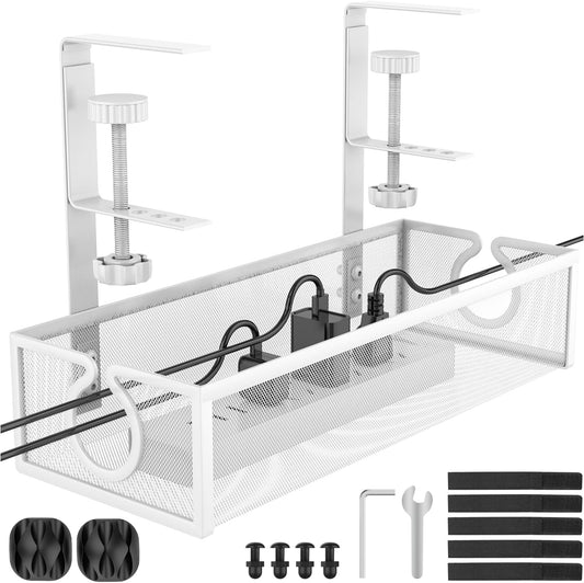 Under Desk Cable Management Tray, Metal Long Arms(3.9in), No Drill Mesh Wire Management Tray Cable Box for Office, Desk Wire Organizer with Clamp Mount, 1 Pack, White