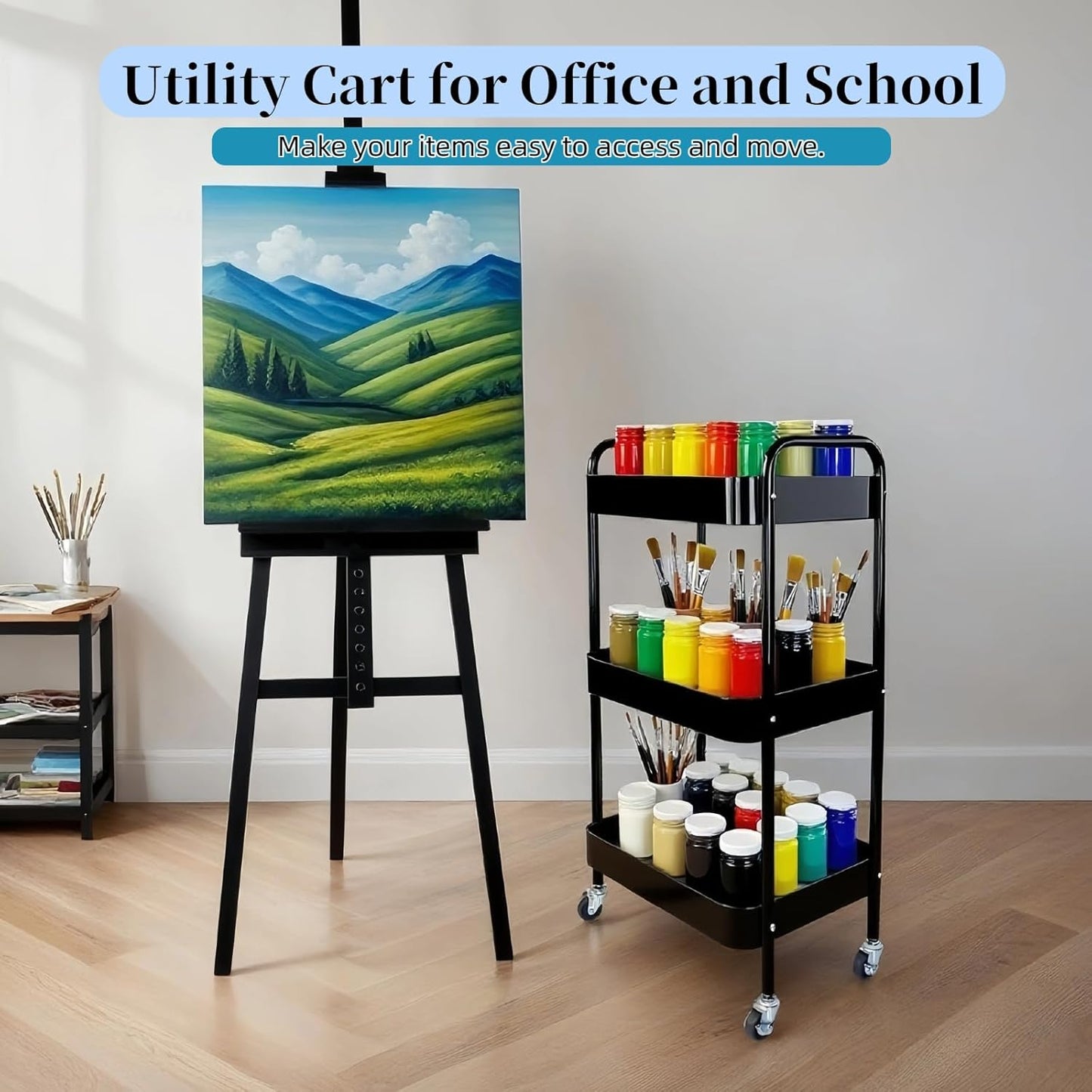 3 Tier Rolling Storage Cart for Kitchen Storage & Laundry Room Organization, Large Capacity Metal Utility Cart on Wheels and 4 Hooks for Art Lash Craft Bedside, Sturdy Nursery Organizer, Black