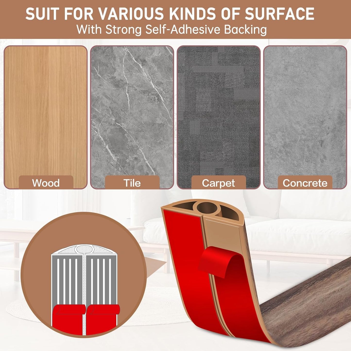 Floor Cord Cover Self Adhesive Cord Hider Floor Extension Cord Covers for Floor Power Cord Protector Cable Management Prevent Cable Trips Cable Cavity 0.32" W x 0.32" H (Smoked Brown Wood, 20Ft)