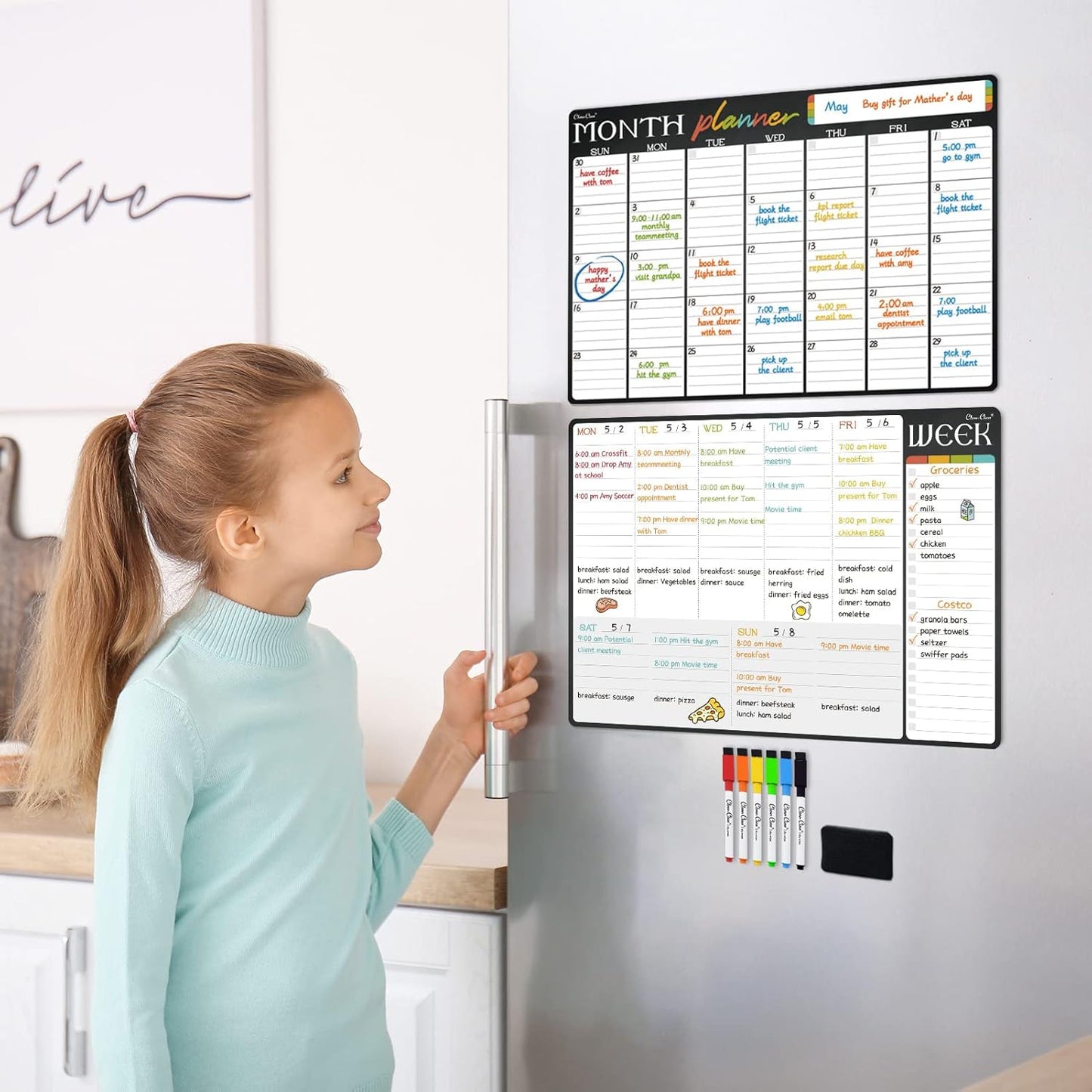 Magnetic Dry Erase Monthly and Weekly Calendar - 17"x12" Monthly and Weekly Whiteboard for Fridge - 6 Extra Fine Point Markers Included - Shipped Flat