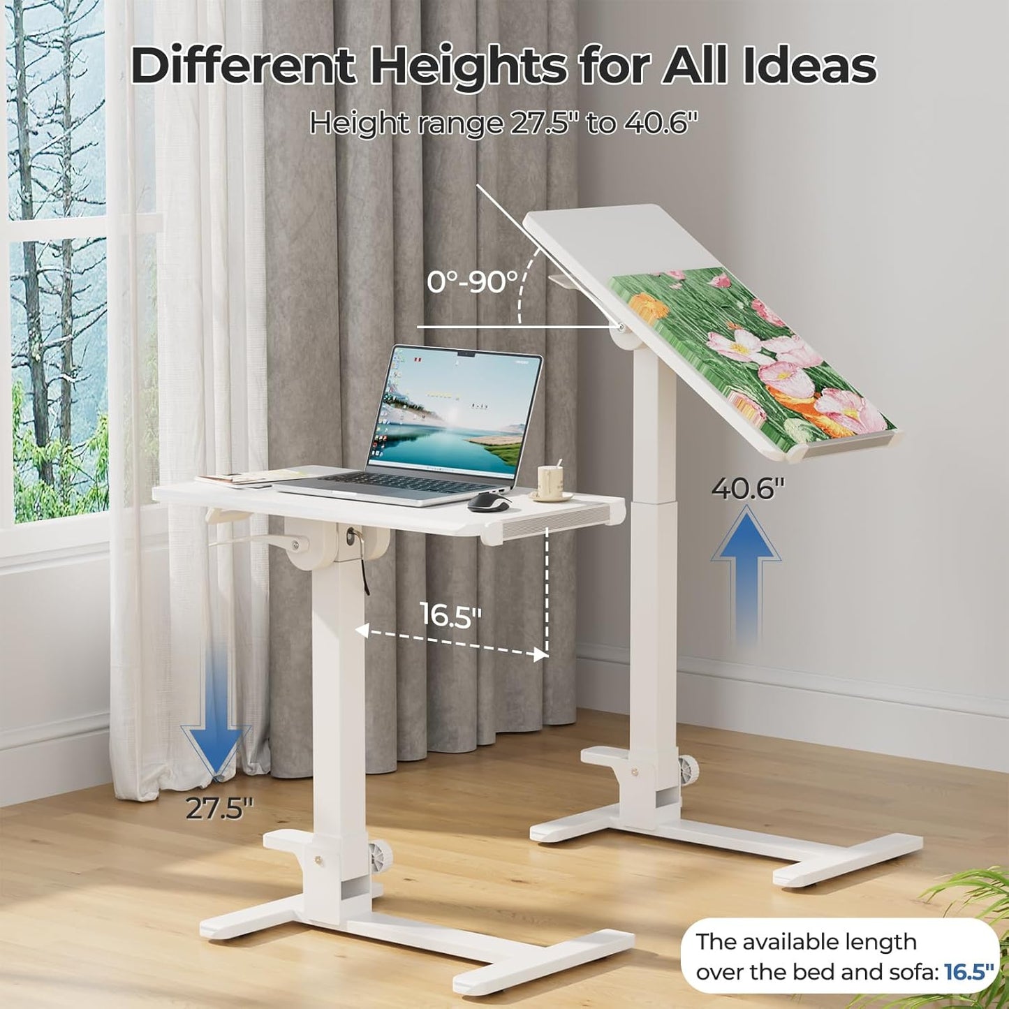 Foldable Mobile Standing Desk, 27 Inch Small Rolling Laptop Cart Height Adjustment, 90° Tiltable Bedside Table, No Assembly Needed Portable Computer Workstation, White