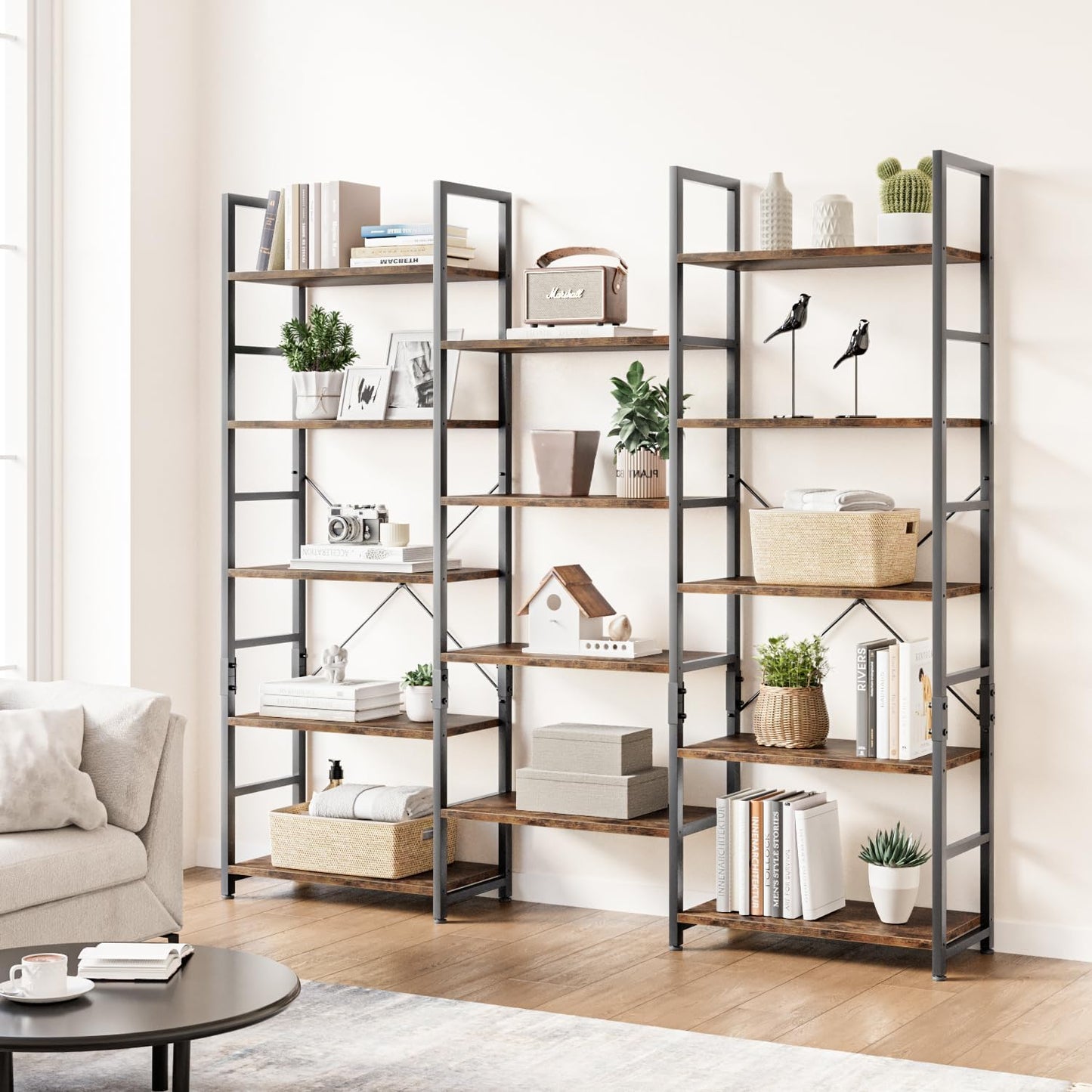 OTK Triple Wide 5 Tier Bookshelf, Rustic Industrial Style Bookcases with 14 Open Display Shelves, Wide Bookshelves for Bedroom, Living Room and Home Office, Rustic Brown