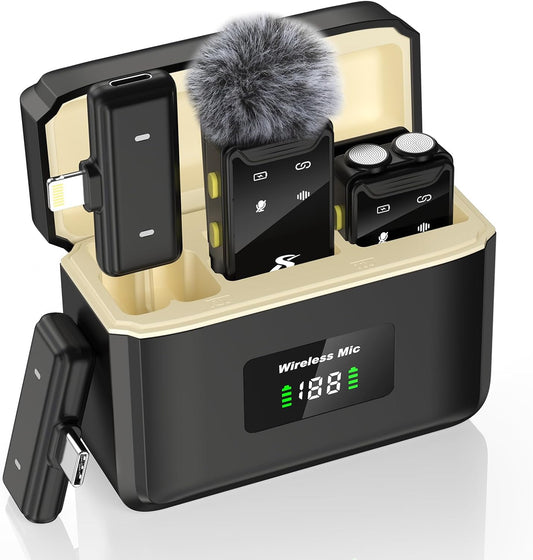 PQRQP Mini Microphone for iPhone, Android(Lightning/USB C), 80 H Battery Life, Hi-Fi Audio, 48kHz/24-bit, Wireless Microphones with Noise Cancellation for Video Recording, Streaming, 164ft Range