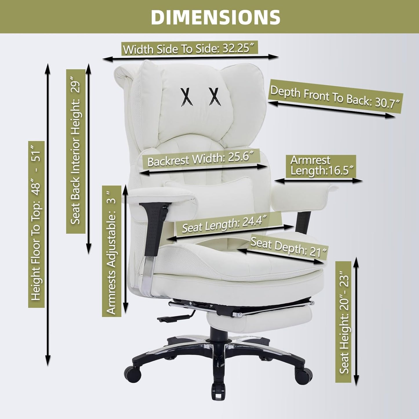 Efomao White Big and Tall Office Chair with Footrest – Ergonomic High-Back Computer Chair with Adjustable Armrests, Wide Seat – Modern Home Office, Gaming & Study Chair for Young Professionals