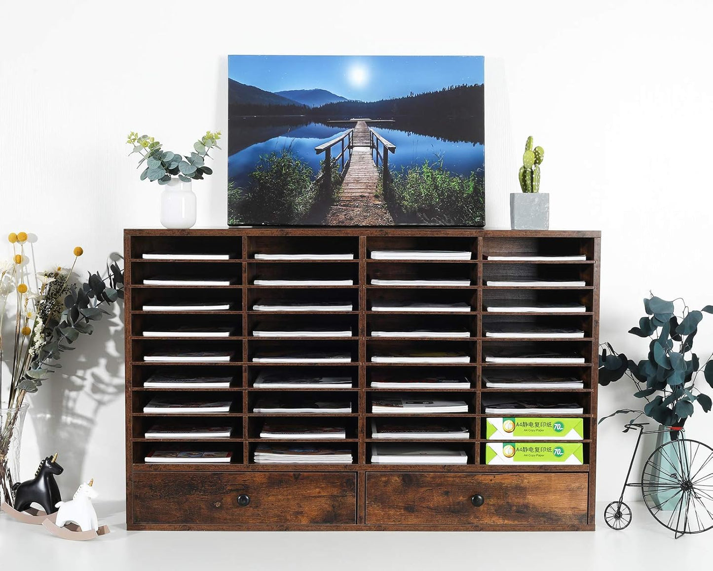 PAG Mail Sorter Organizer, Wood Literature Organizer, Student Mailbox for Classroom, Desktop Bill Paper Organizer for Office Home School, 38 Compartments, Antique Brown