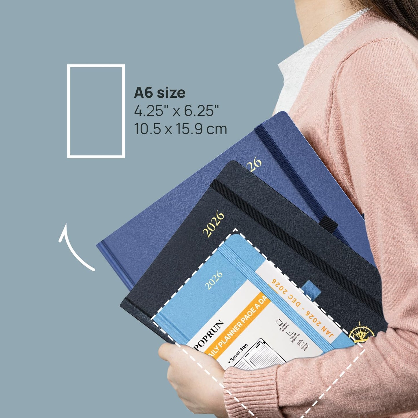 POPRUN 2026 Daily Planner One Page Per Day A6 Size Calendar (4.25" x 6.25") - 12 Months Hourly Appointment Book with Hardcover, Monthly Tabs, Pocket, Pen Holder - Midnight Green