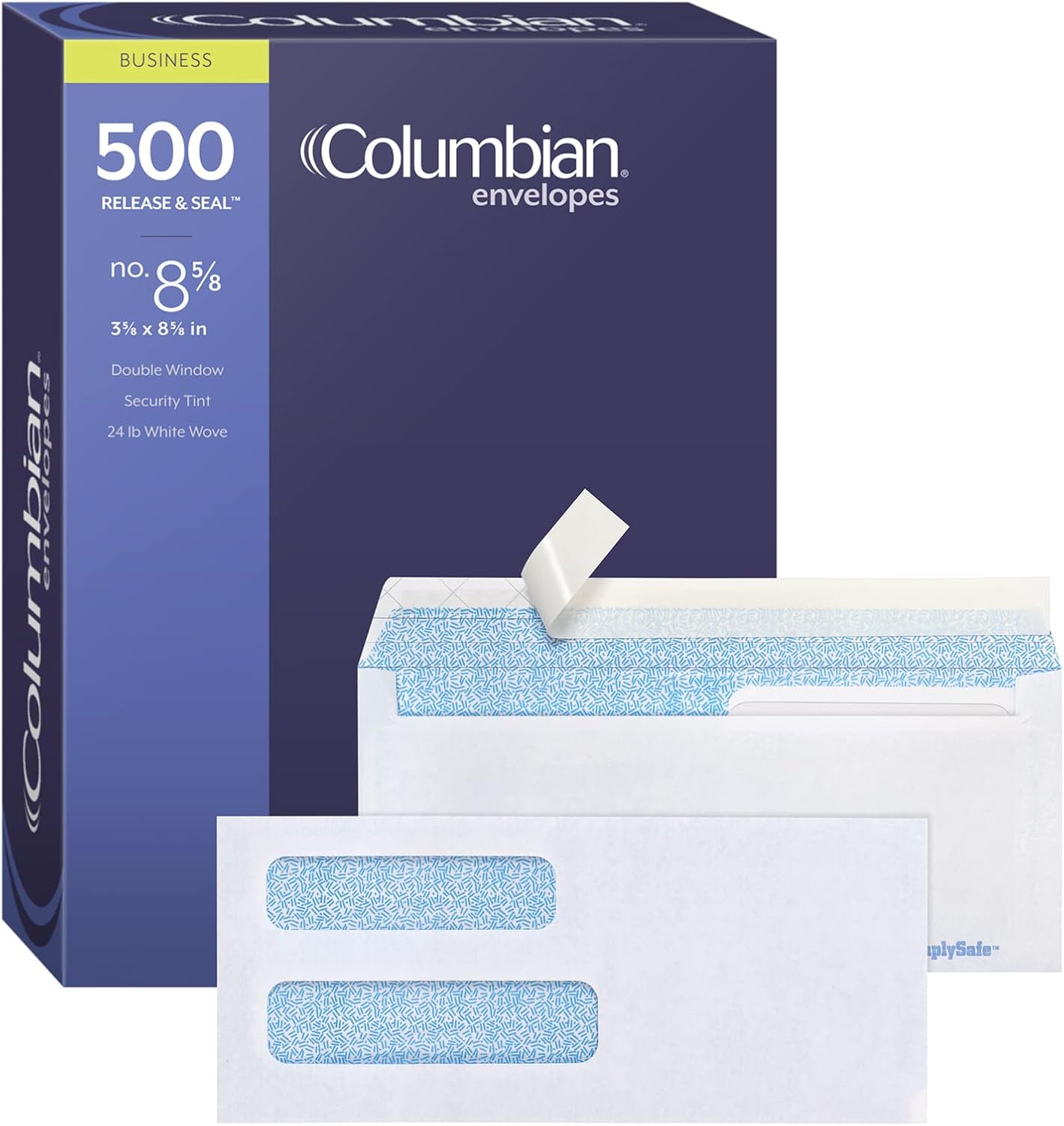 Columbian #8 5/8 Security Envelopes, 500/Box, Double Window, 3-5/8" x 8-5/8", Release & Seal Self Seal, SimplySafe Tamper Evident, White (COLO156)
