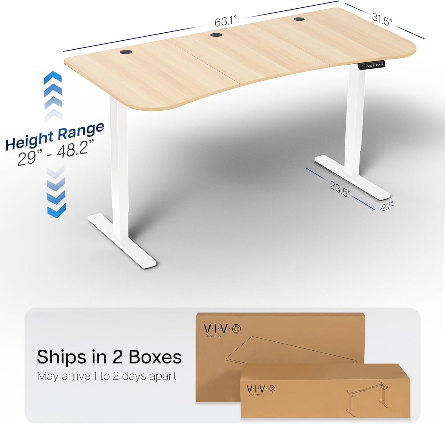 VIVO Electric 63 x 32 in Standing Desk, Memory Height Adjustment, 1B Series, Light Wood Top White Frame, DESK-KIT-1W1C