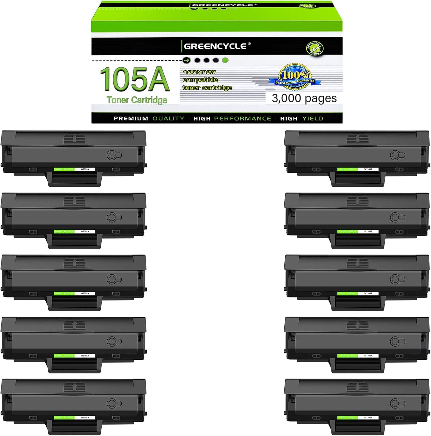 greencycle 105A Compatible Black Toner Cartridge Replacement for HP 105A 105 W1105A 1105A High Yield to use for Laser MFP 137fnw 135a 135w 107a 107w Printer (10-Pack, 3000 Pages)