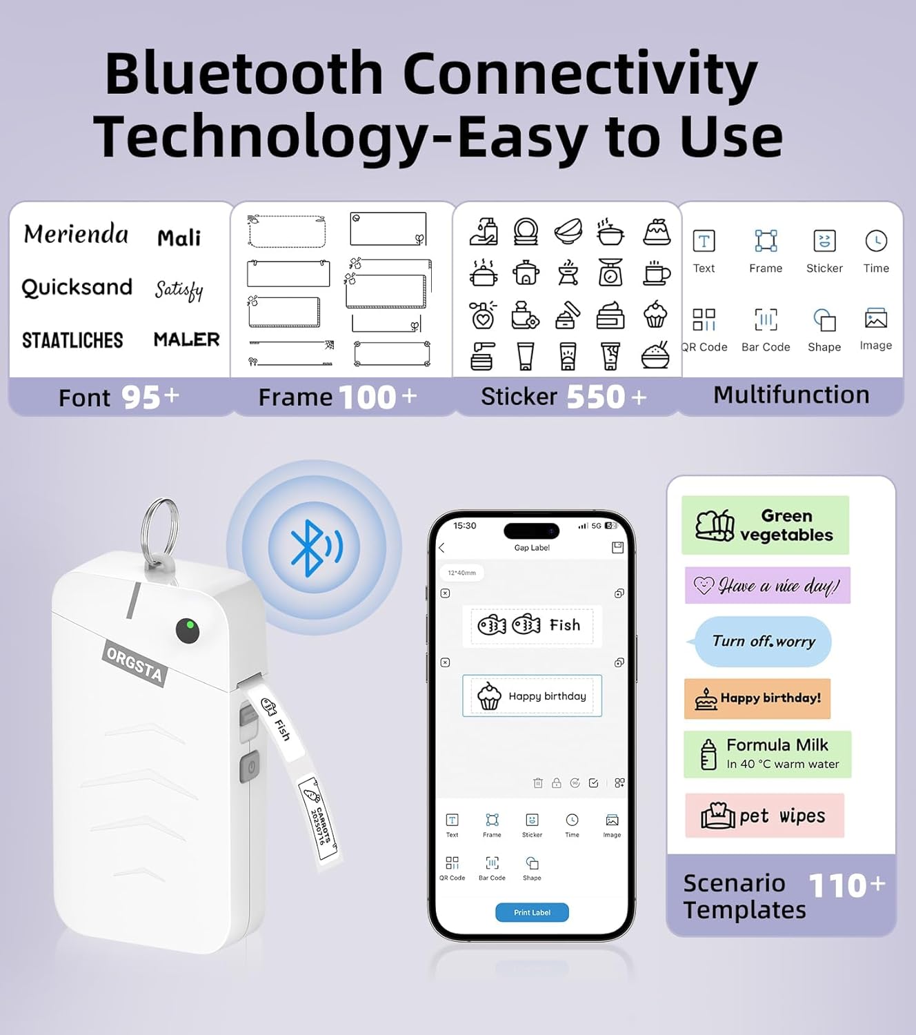 ORGSTA Label Maker Machine with Tape Bluetooth Portable Thermal Labelling Printer for School Home Office Organization, Wireless Mini Labeler S001 Label Machine with Label Sticker Maker, White