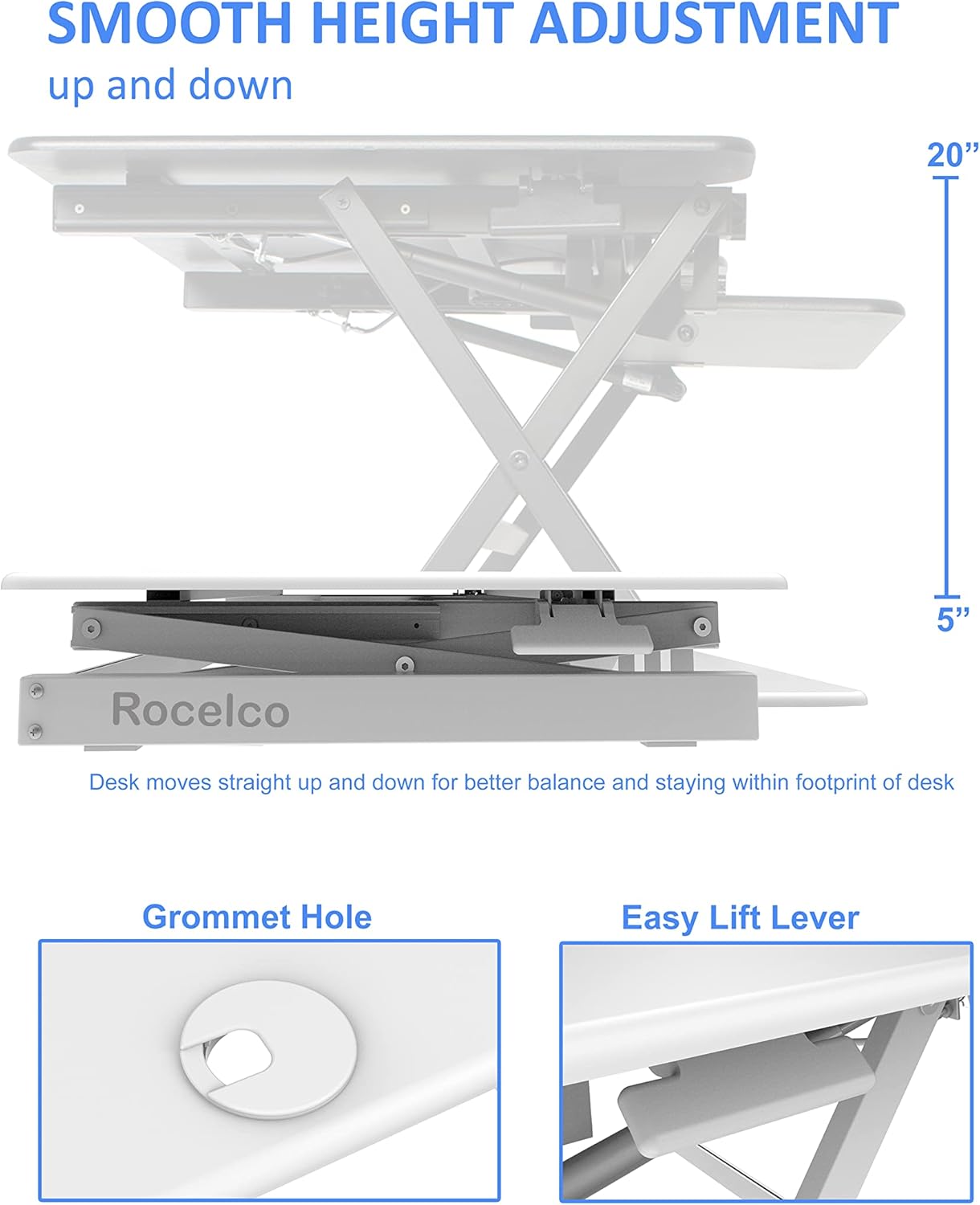 Rocelco 40" Large Height Adjustable Standing Desk Converter with Dual Monitor Stand BUNDLE - Quick Sit Stand Up Computer Workstation Riser - Retractable Keyboard Tray - White (R DADRW-40-DMS)