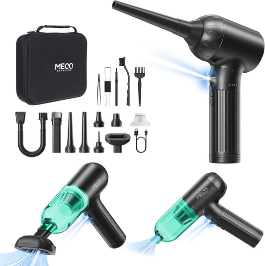 MECO ELEVERDE Compressed Air Duster Electric, 130000RPM 4in1 Air Duster Vacuum/Mini Vacuum/Air Blower & Pump, 3 Gear Brushless Motor with LED Light for PC, Keyboard, Car, Carpet (Green)