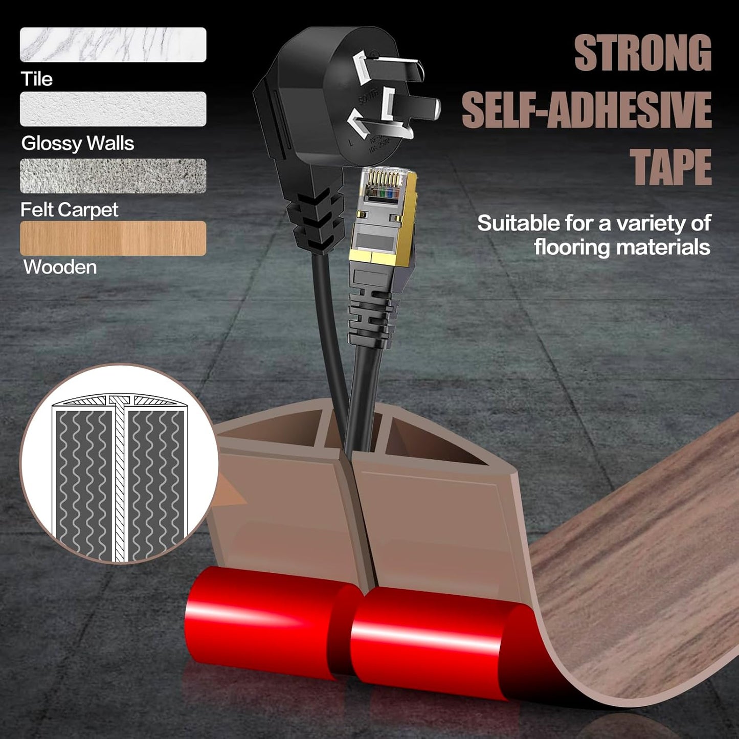 Floor Cord Cover Self Adhesive Cord Hider,10FT Cable Management, Extension Strip Protector for Wires, Prevent Cable Trips for Offices, Gyms, Exhibitions Cavity:0.51"(W) x 0.3"(H) Wood Walnut