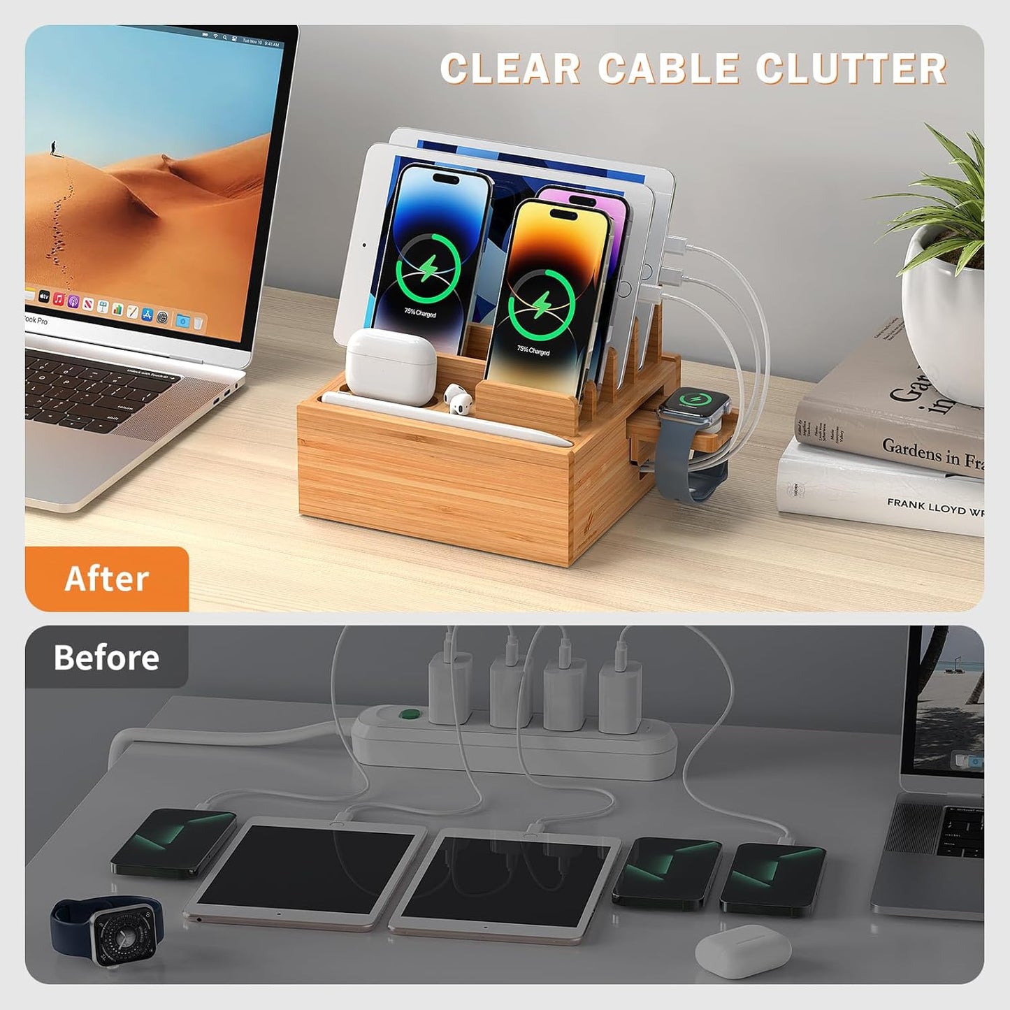 Pezin & Hulin Desktop USB Charging Station with Bamboo Charging Station, Desktop Charger Block, Compatible with Tablet, Cell Phone, Earbuds, Smartwatch