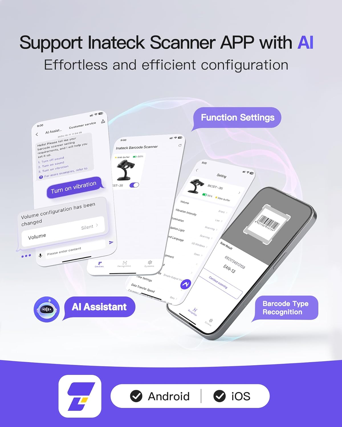 Inateck 2D Barcode Scanner with Intelligent Stand, Wireless QR Code Scanner, Handheld Scanner with APP and SDK, 2D Imager with 2600mAh Battery, BCST-35 Dark Gray