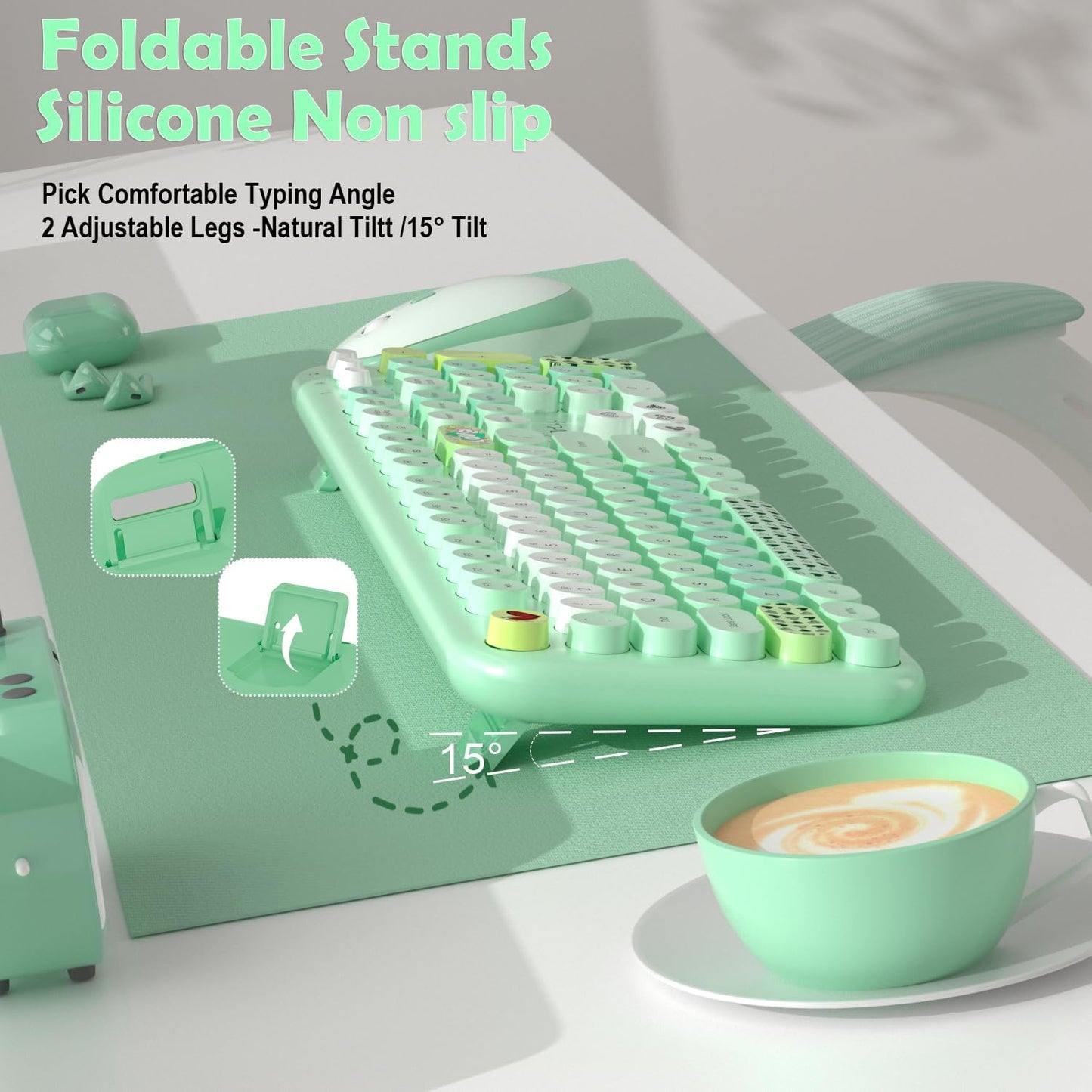 Wireless Keyboard Mouse Set,MOFII 104 Round Keys Lovely Retro Cute Colorful Computer Typewriter Keyboard and Mouse for PC/Mac/Laptop/Tablet/Computer/Windows Green