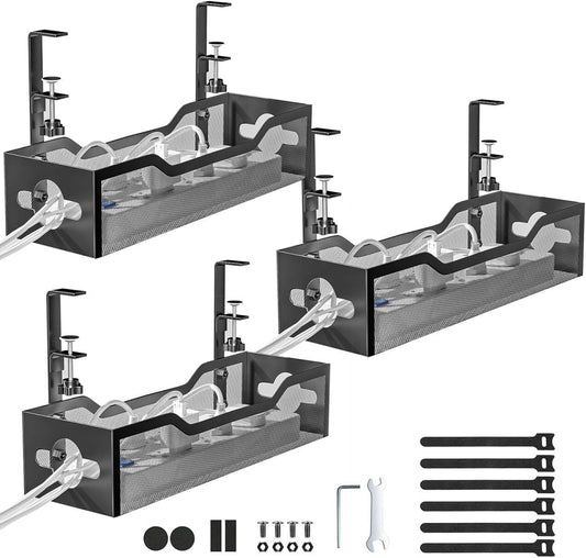 Under Desk Cable Management Tray 3 Pack, Cable Management Under Desk No Drill, Cable Organizer with Clamp for Wire Management, Cord Organizer for Office, Home - No Damage to Table (Black)