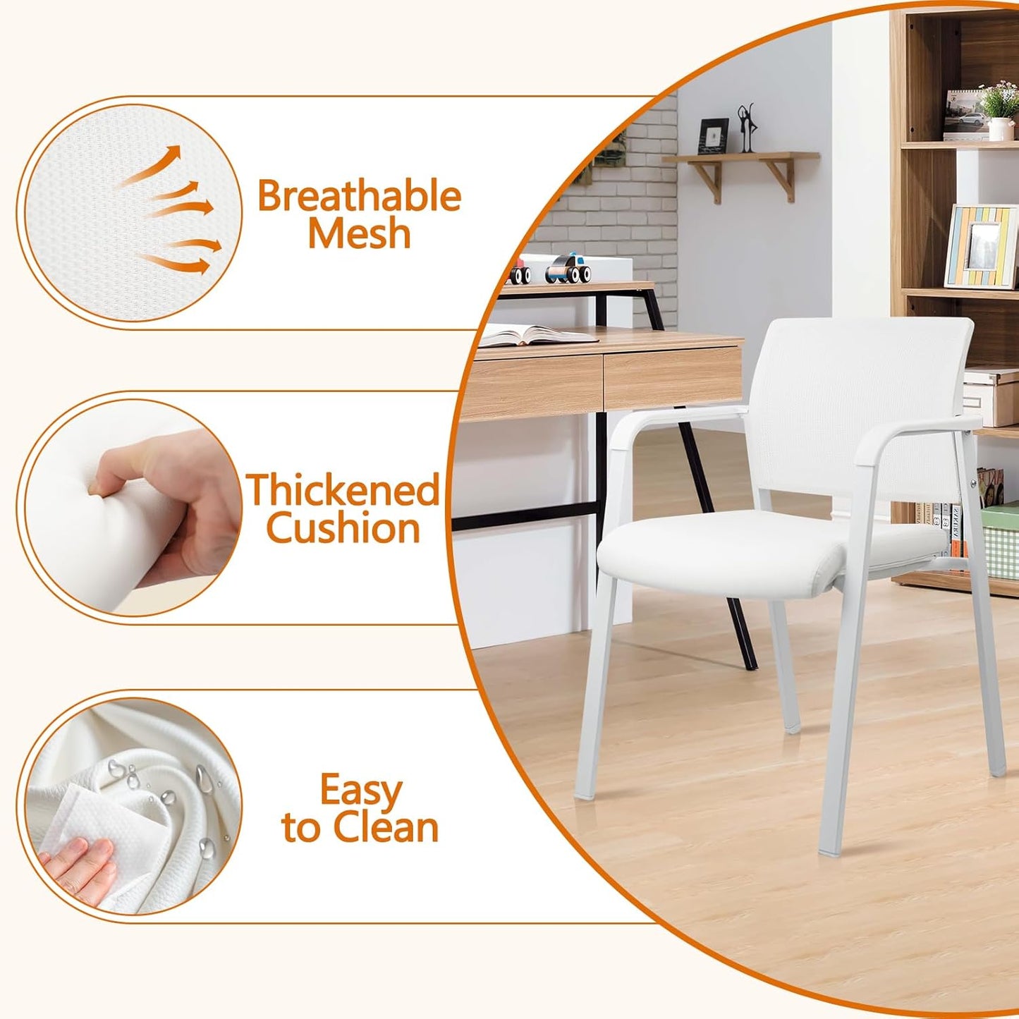 CLATINA Stacking Office Chairs | Mesh Back, Thicken Leather Seat and Arms, Ergonomic Lumbar Support | Guest Reception, Waiting, Conference, School, Party, Customer, Side, Stationary | Set of 2, White