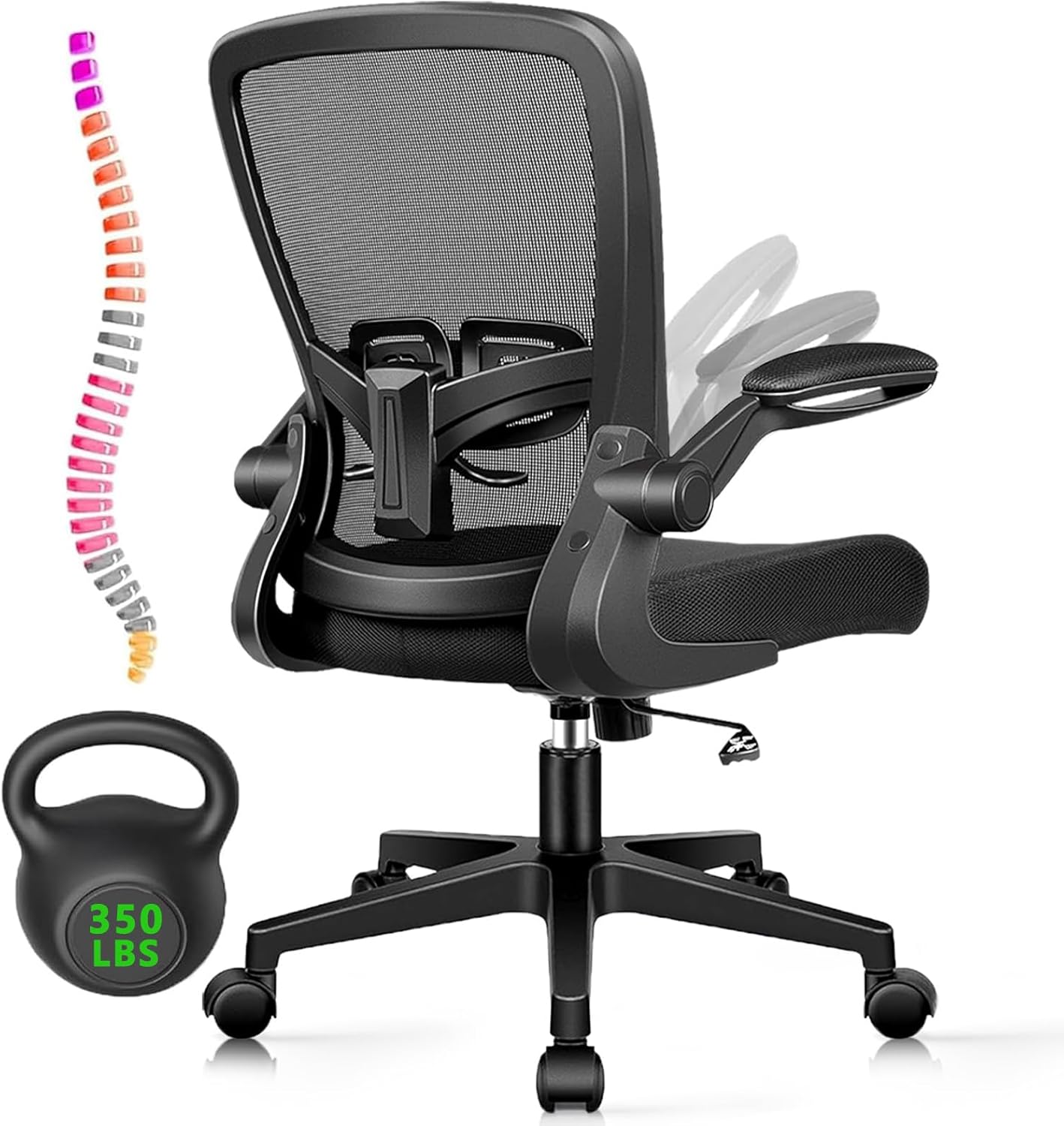 Desk Chairs with Wheels, Ergonomic Mesh Office Chair Adjustable Height and Swivel Lumbar Support Home Office Chair with Flip Up Armrests (1PK)