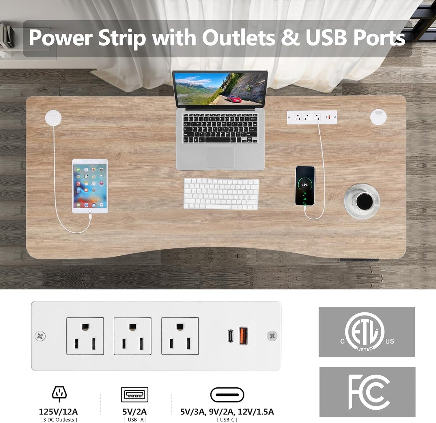 Electric Standing Desk 48 x 24 Inches Adjustable Height Ergonomic Sit Stand Up Desk Curved for Home Office Computer Workstation with 2 USB Ports 3 Power Outlets Memory Preset Wheels, Oak