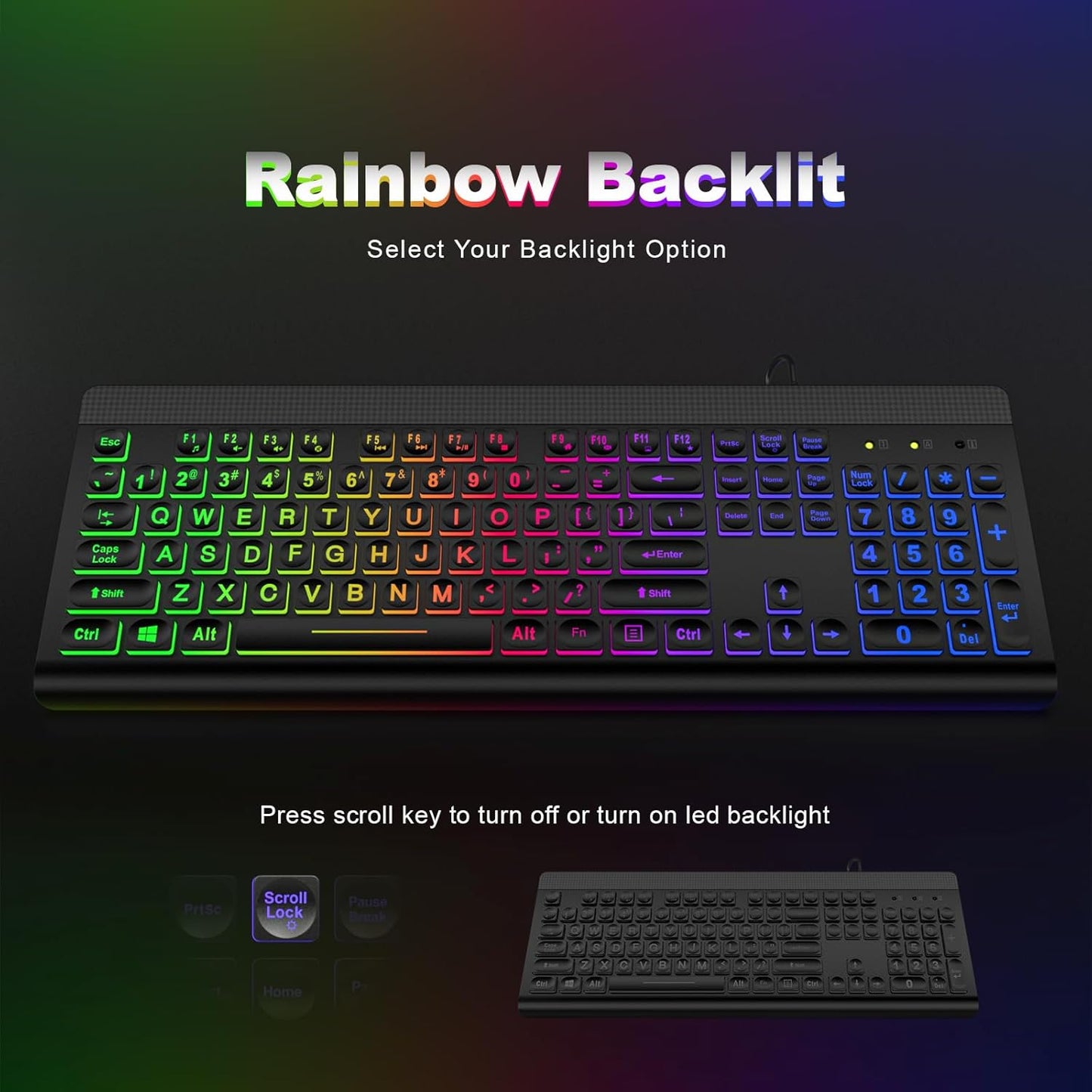 Large Print Backlit Keyboard, USB Wired Computer Keyboard, Full Size Keyboard with Rainbow Illuminated LED Compatible for Windows Desktop, Laptop, PC, Gaming, Black