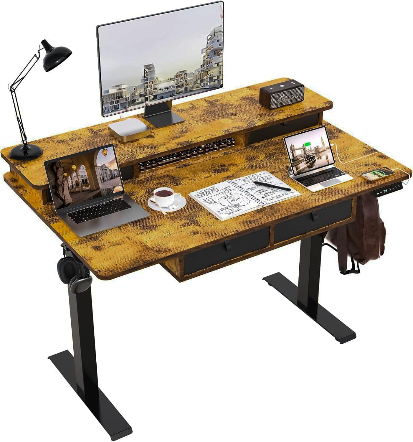 48 * 30 Inches Electric Standing Widened Desk Adjustable Height with 4 Drawers, Double Storage Shelves Stand Up Desk, Home Office Workstation Sit Stand up Desk (Rustic Brown)