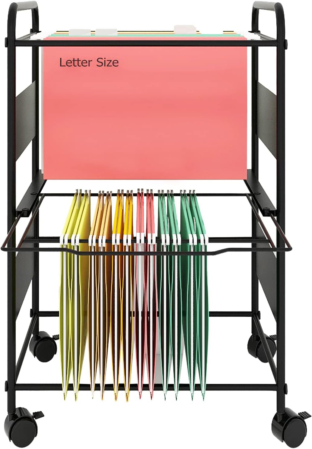 PUNCIA 2-Tier Metal Rolling File Cart with Wheels and Hanging Files for Letter Size - Movable Pull-Out Folder Rack Drawer Cabinet for Home Office