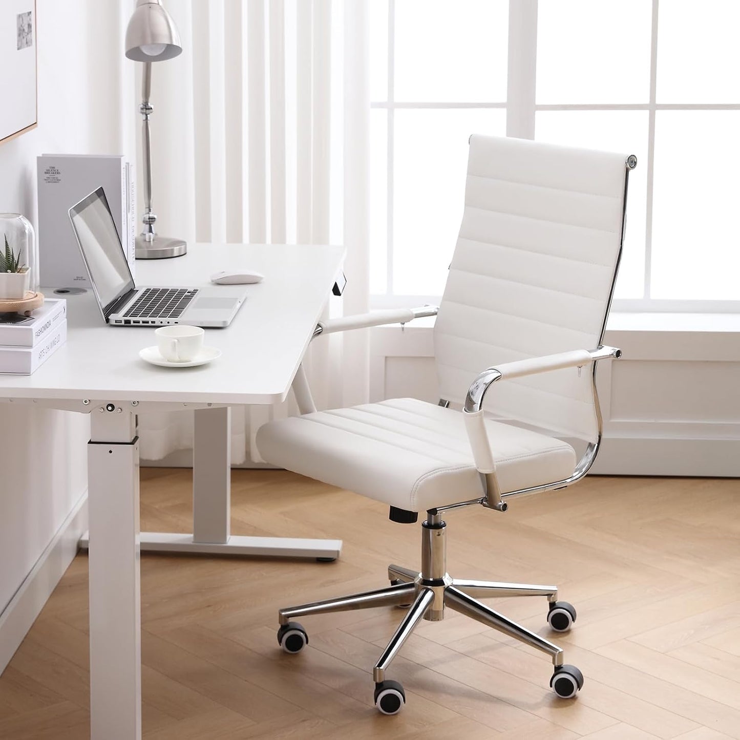 Home Office Chair Ribbed, Modern Leather Conference Room Chairs, Ergonomic Office Desk Chair, High Back Executive Computer Chair, Adjustable Swivel Chair with Arms (White)